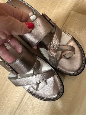 Women's Metallic Bronze Slide Sandals with Buckle Strap